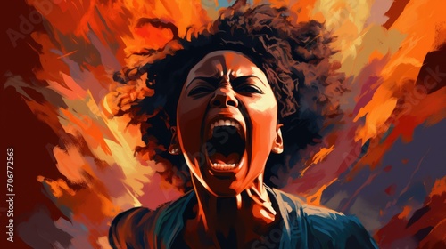 Artful representation of a female activist expressing anger and resilience  making a powerful statement