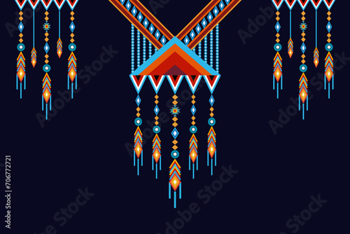 Aztec neckline red and blue with stripes on dark background