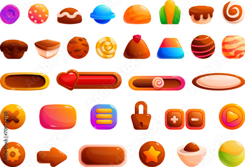 Candy game icons set cartoon vector. Sweet ball qui. Dessert food jelly