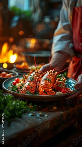 A chef preparing a serving of lobster.