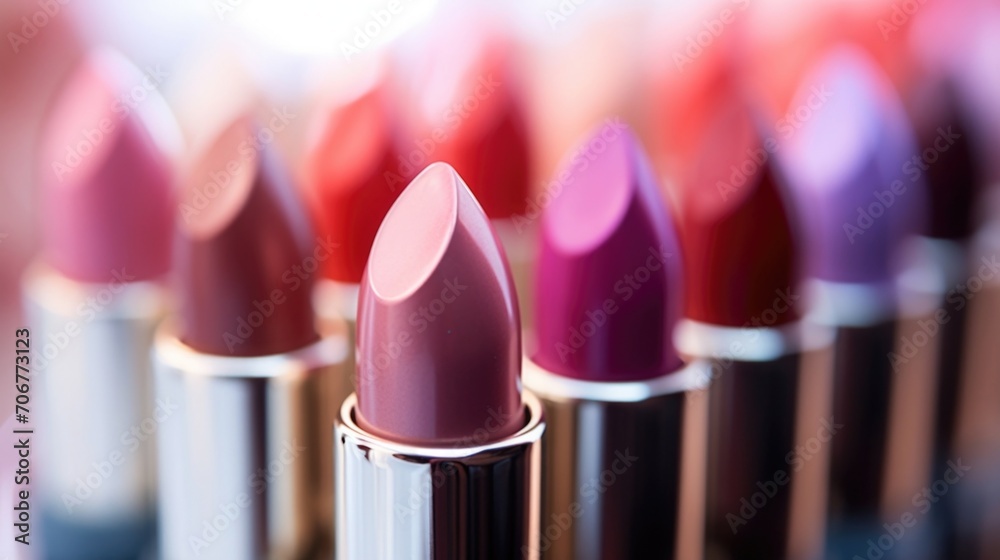Closeup of a variety of lipsticks in different shades, each one giving off a different vibe and look. Closeup of a variety of lipsticks in different shades, each one giving off a different vibe and look.