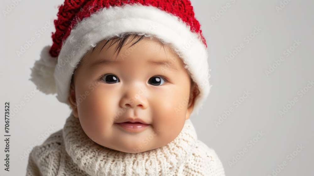 Portrait of an asian baby with a christmas hat on white studio background Portrait of an asian baby with a christmas hat on white studio background