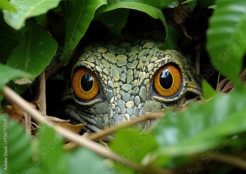 Hidden Crocodile Eyes Peering Through Lush Leaves
