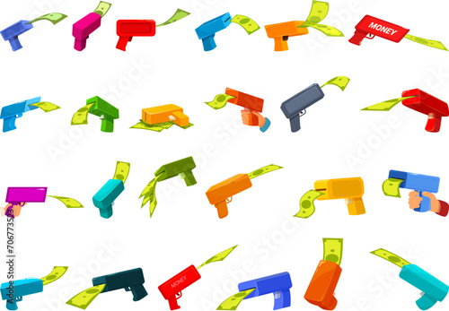 Money gun icons set cartoon vector. Shoot toy cash. Finance machine