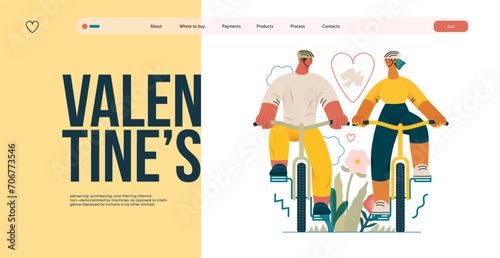 Valentine: Tandem Journey - modern flat vector concept illustration of a couple riding the bicycles together. Metaphor for the synchronized journey of a relationship