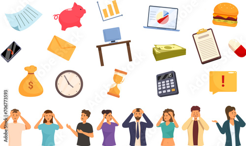 Info stress icons set cartoon vector. Overload information. Mental health