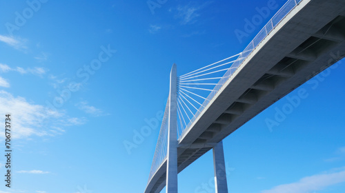 Support element of a high cable-stayed bridge with steel pylons. Backlight. Clear blue sky.