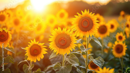 Wide field of sunflowers in summer sunset, panorama blur background. Autumn or summer sunflowers background. Shallow depth of field.