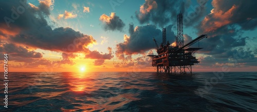 Offshore Jack Up Rig in The Middle of The Sea at Sunset Time. with copy space image. Place for adding text or design photo