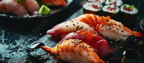 Photo of Sushi Luxurious taken at a sushi restaurant in Nakhchivan. with copy space image. Place for adding text or design photo