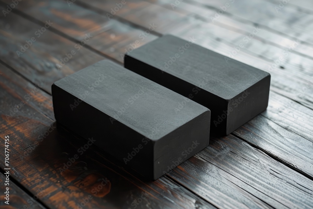 Matte black yoga blocks on a dark wood floor Matte black yoga blocks on a dark wood floor