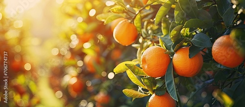 Ripe oranges hanging on branch at tangerine garden. with copy space image. Place for adding text or design