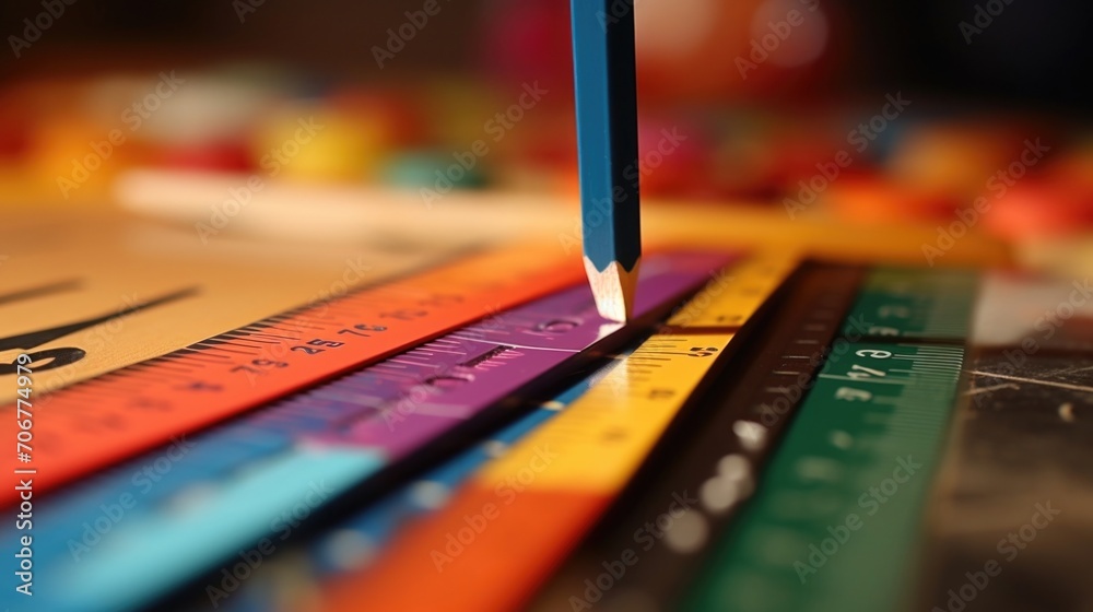 Closeup of a ruler being used to measure out precise s on a stack of brightly colored construction paper, to create a unique fan art piece dedicated to a popular TV show. Closeup of a ruler being used to measure out precise s on a stack of brightly colored construction paper, to create a unique fan art piece dedicated to a popular TV show.