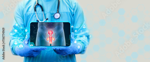 Doctor shows x-ray of male reproductive system in digital format. The male pelvic area is shown on the doctor's tablet. Isolated on white background