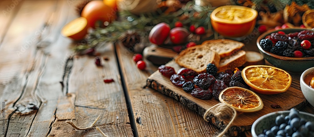 slices of bread with dried fruits on a table. with copy space image. Place for adding text or design