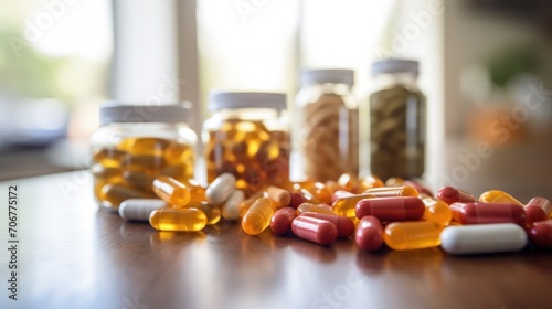 Closeup of a table with various health supplements and vitamins discussed during a virtual counseling session. photo