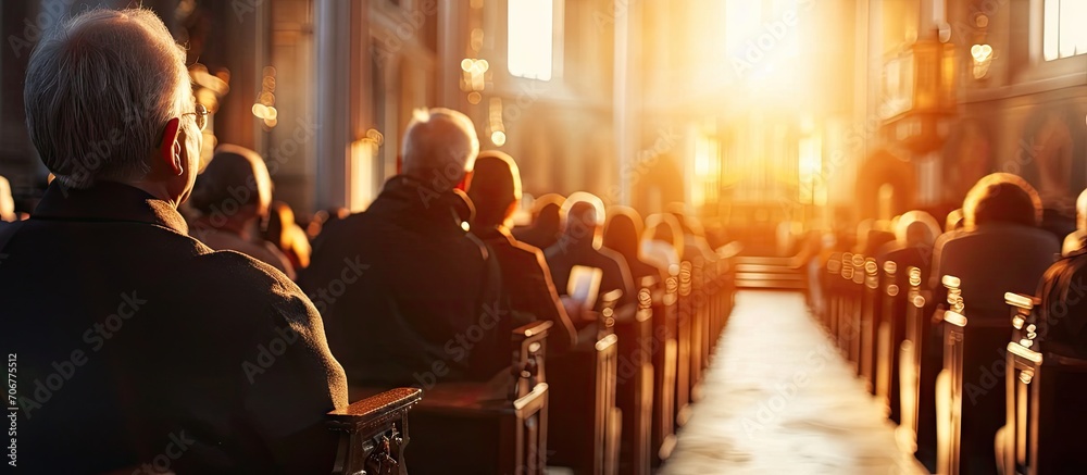 Religion Christianity and priest speaking in church with arms raised standing by podium Ceremony mass and religious leader in worship preaching and prayer for congregation in spiritual building