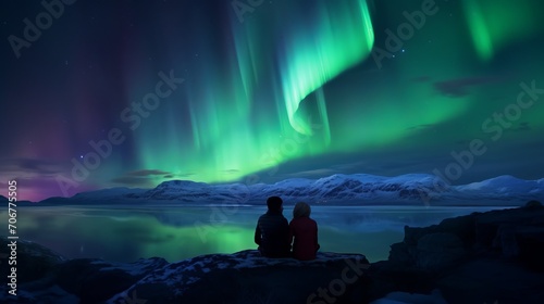A silhouette of young adventurous couple watching the northern lights also known as aurora borealis