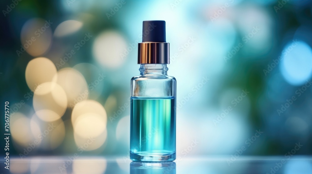 Closeup of a glass bottle of antiaging serum, showing the texture and color of the liquid. Closeup of a glass bottle of antiaging serum, showing the texture and color of the liquid.