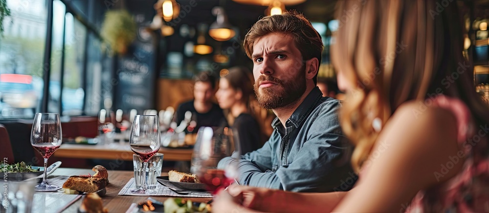 They have nothing more to say Frustrated young man looking away while sitting together with his girlfriend in restaurant. with copy space image. Place for adding text or design They have nothing more to say Frustrated young man looking away while sitting together with his girlfriend in restaurant. with copy space image. Place for adding text or design