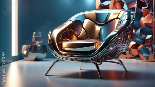 3d Metalic Armchair with Abstract Background Wall, using Generative ai