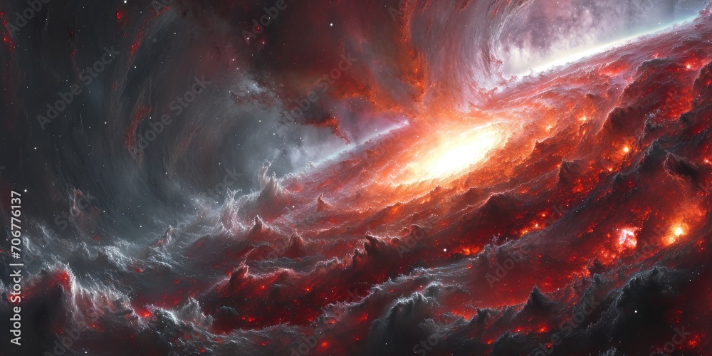 Galaxy with the Dark Side Background shown in the Style of Chaotic Academia - Light Red and Dark Gray Spatial Concept Art Wallpaper created with Generative AI Technology