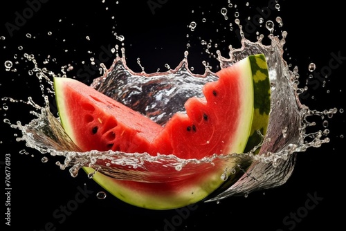 Flying watermelon slice with water splash  water splashing on sliced of watermelon. Generative AI