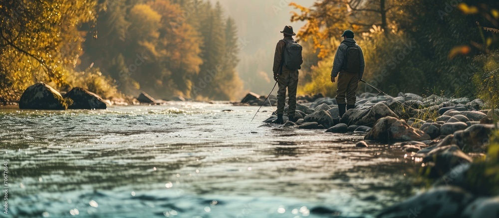 Two men friends fishing Flyfishing angler makes cast standing in river water Old and young fisherman. with copy space image. Place for adding text or design