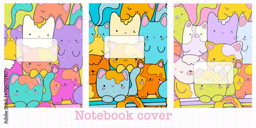 Cute Set covers for notebooks with cats kawaii characters . For the design of children s books, brochures, templates for school diaries. Vector illustration love slogan on colored background 