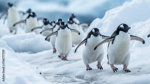Group of penguins waddling on a snowy shore photo