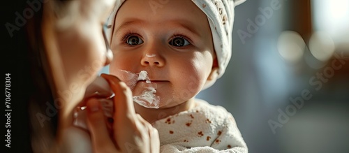 The pediatric dermatologist is applying allergy cream to the baby s cheek Kid aged about two years one year eleven months. with copy space image. Place for adding text or design photo