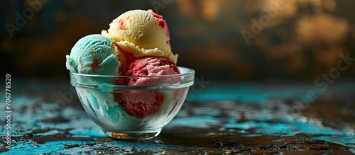 Neapolitan ice cream Glass bowl with ice cream in strawberry vanilla and chocolate flavors. with copy space image. Place for adding text or design photo