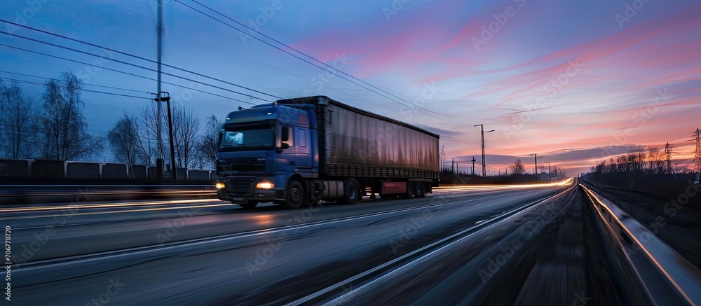 Truck huge dump trailer heavy bulk cargo drives fast spinning tire rubber wheels along the evening highway at dusk sunset with motion blur effect. with copy space image