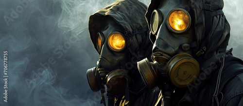 Two man wearing gas masks after nuclear disaster. with copy space image. Place for adding text or design photo