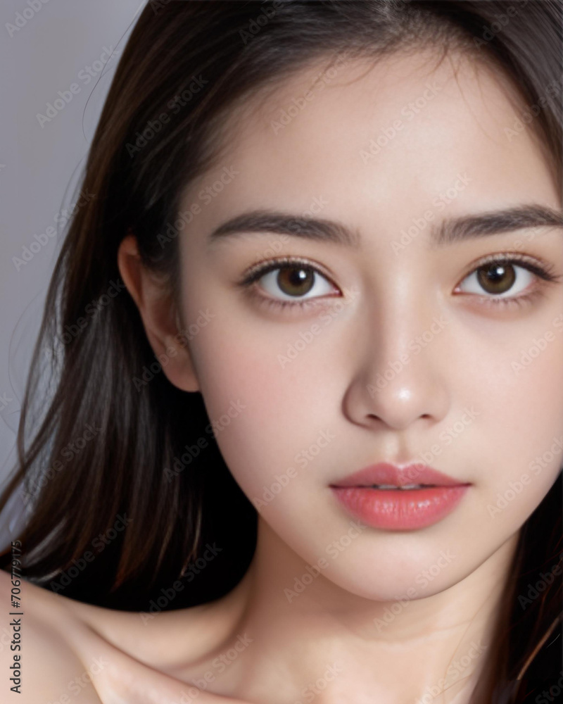 Fototapeta premium Beauty portrait of a beautiful young woman with glowing skin. Beautiful real face, beauty image.