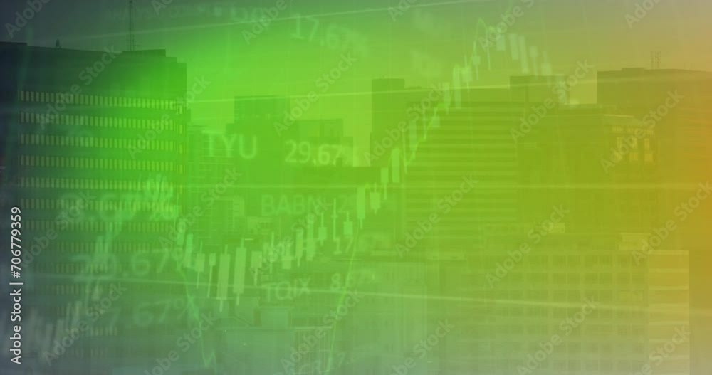 Animation of financial data processing and cityscape over green background Animation of financial data processing and cityscape over green background