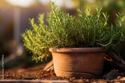 "Rosemary Herb in Terra Cotta Pot at Sunset