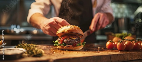 professional kitchen in a hotel restaurant the chef smears sauce on the buns for the burger. with copy space image. Place for adding text or design photo