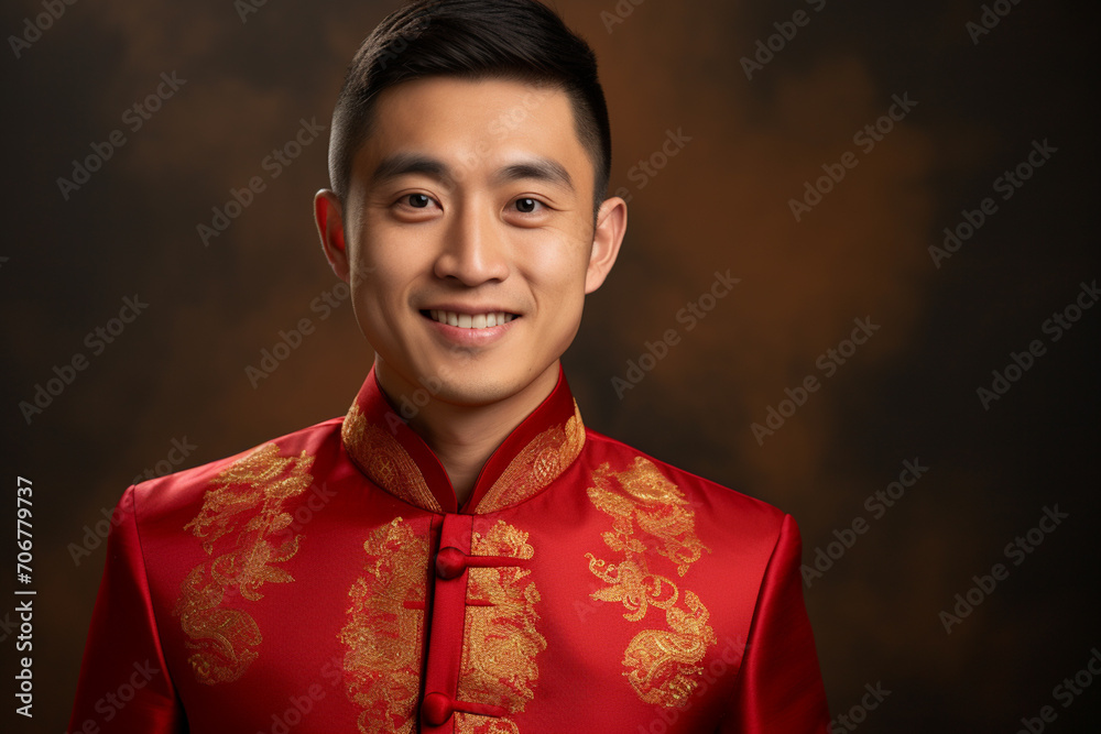 handsome chinese man wearing red traditional clothes handsome chinese man wearing red traditional clothes