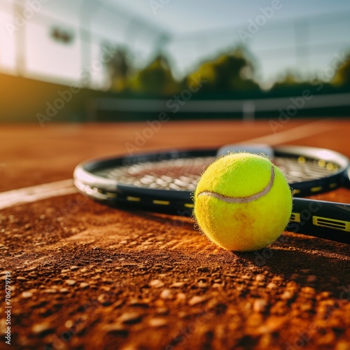 Close Up of Tennis Ball and Racket on Clay Court © Karl