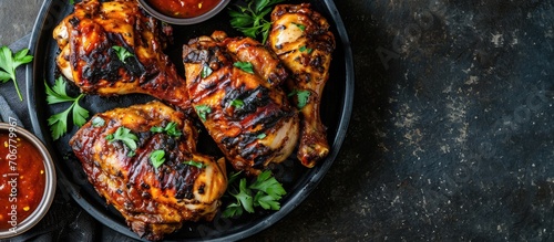 Spicy Grilled Caribbean Jerk Chicken drumsticks and thighs on a black platter on a concrete table with sauce in a bowl horizontal view from above flat lay empty space. with copy space image photo