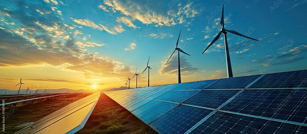 solar cell plant and wind generators under blue sky on sunset ...