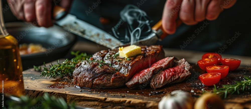 Overhead shot of chef preparing ribeye with butter thyme and garlic Keto diet. with copy space image. Place for adding text or design