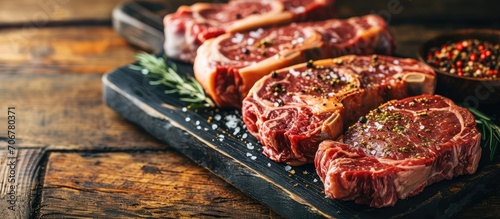 Raw dry aged wagyu rib eye beef steaks offered as close up on a rustic black board with copy space. with copy space image. Place for adding text or design photo