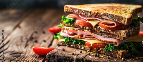Fotografia Sandwich of whole wheat bread with ham cheese and fresh tomato triangle cut three layers sandwich bread