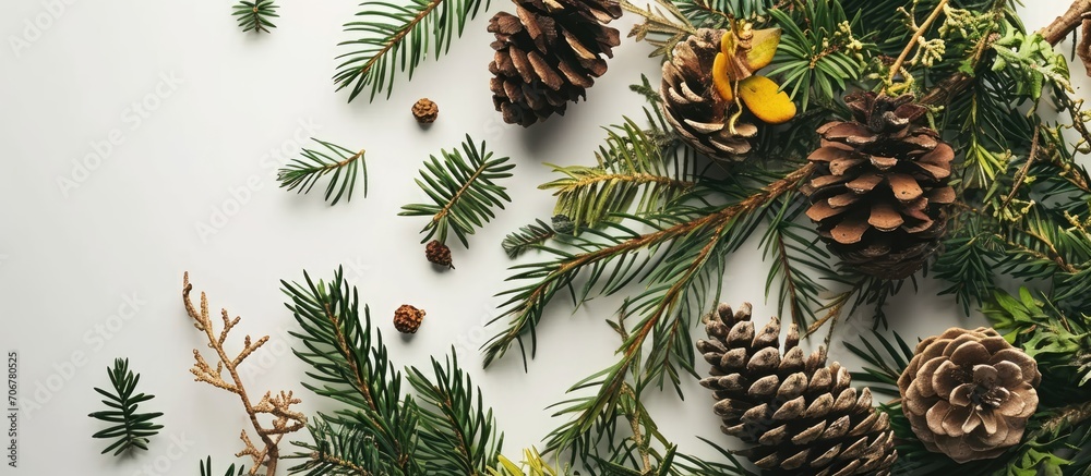 Naklejka premium Nature components wreath preparation for making natural eco decorations. with copy space image. Place for adding text or design