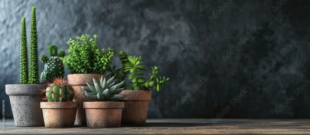 Terrarium Bonsai Mossterarrium succulent terracotta pots and succulents and cacti. with copy space image. Place for adding text or design