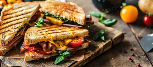 Sliced Grilled sandwiches bread with bacon ham and cheese with vegetable healthy breakfast. with copy space image. Place for adding text or design