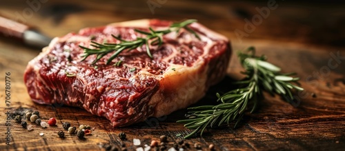 Premium quality kobe beef ribeye steak in plate on wooden table. with copy space image. Place for adding text or design