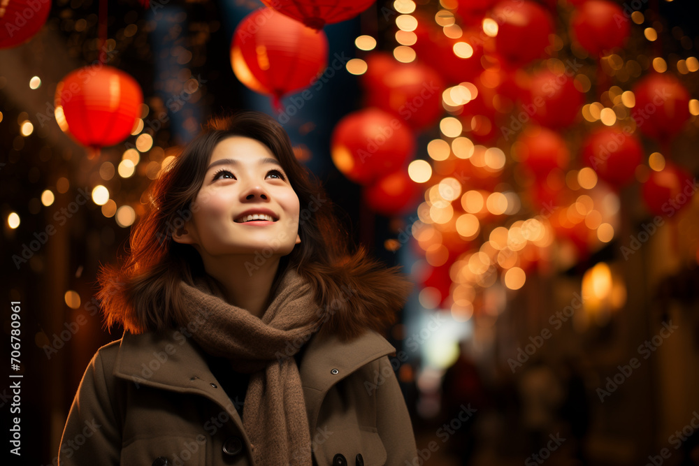 Chinese Woman in Celebration, Lady Delighting in the Wonders of Chinese New Year 2024 with Bright Fireworks Chinese Woman in Celebration, Lady Delighting in the Wonders of Chinese New Year 2024 with Bright Fireworks